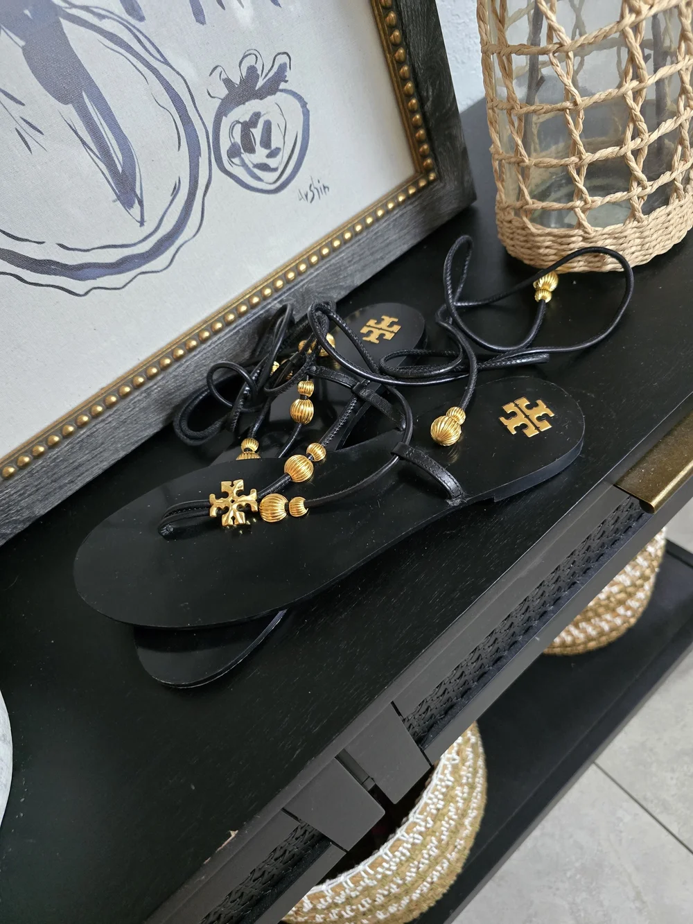 Tory Burch Women’s Capri Flat Lace Up Sandals Gold And Black 10